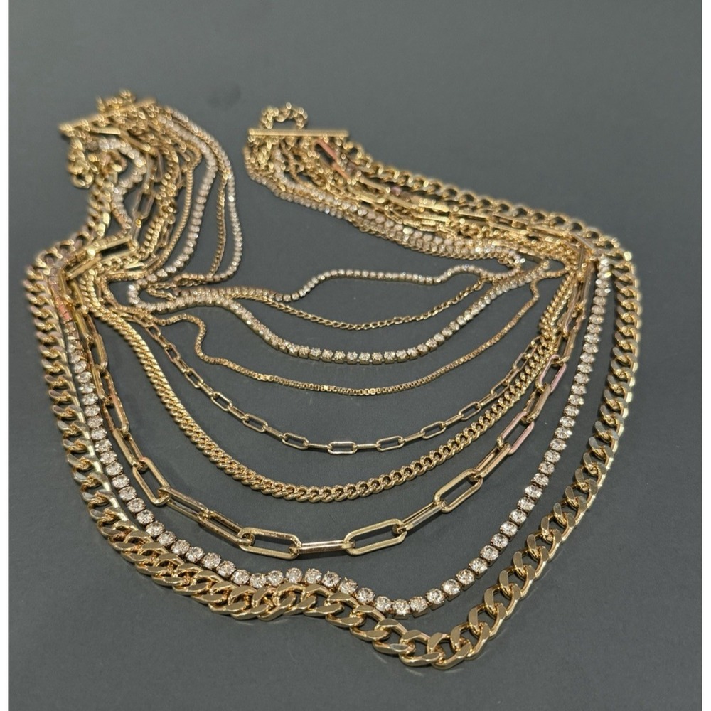Gold Tone Multi Strand Layered Chain Necklace Rhinestone Statement 24" - Picture 6 of 11